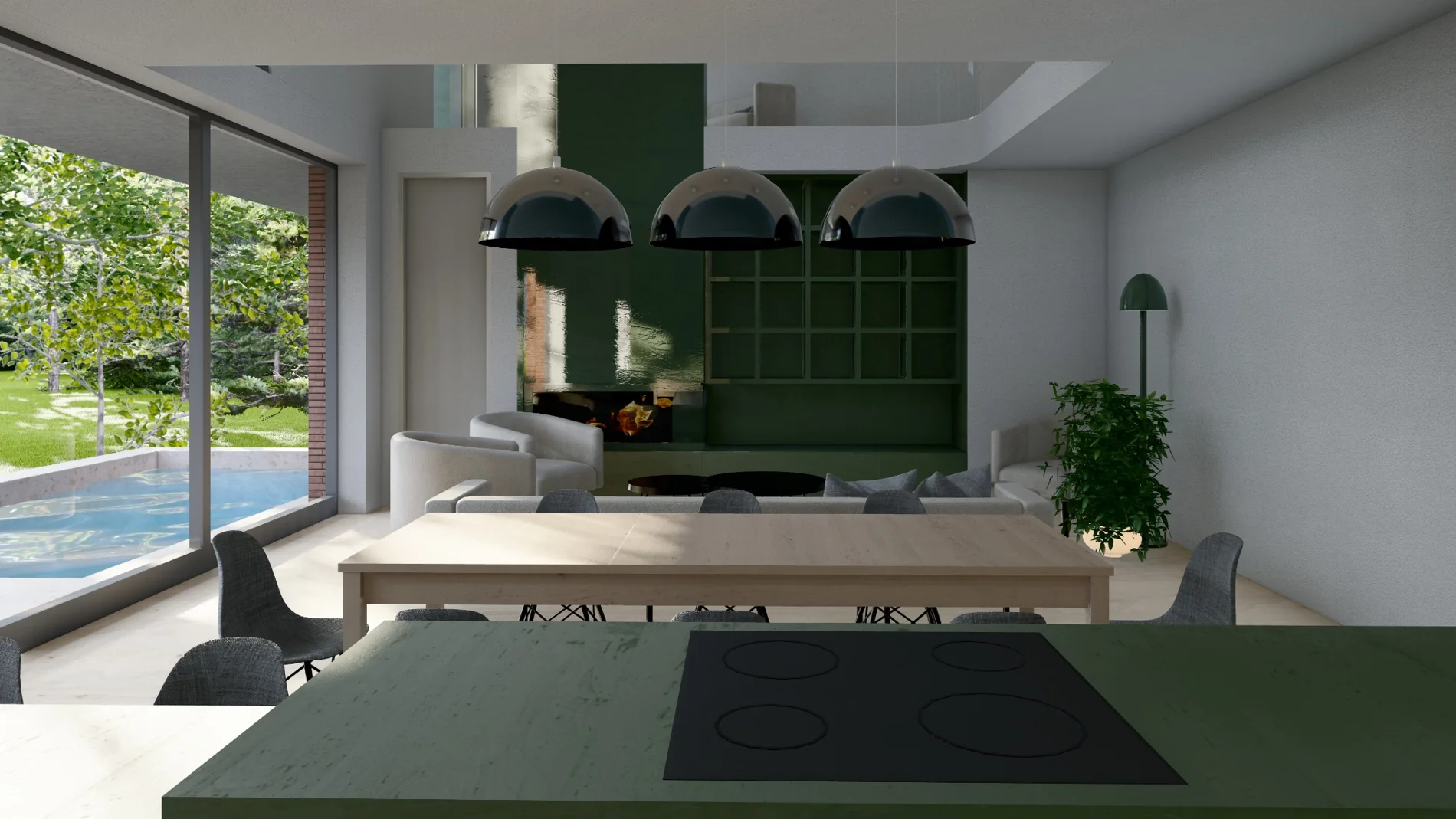 Kitchen and dining · Poolside outlook